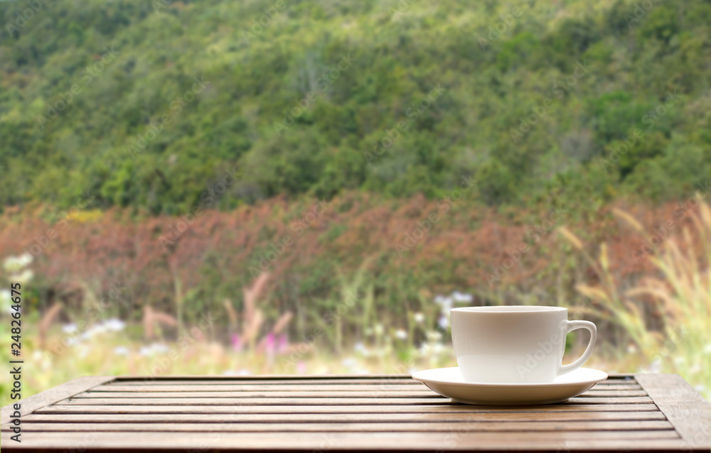 Coffee espresso on wood table nature background in garden,warm tone Coffee espresso on wood table nature background in garden,warm tone