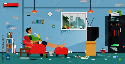 Fat men are watching TV in a room full of food and dirt.