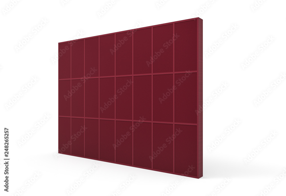 3d rendering. perspective view of textured dark red tone square shape design steel wall with clipping path on gray background. 3d rendering. perspective view of textured dark red tone square shape design steel wall with clipping path on gray background.