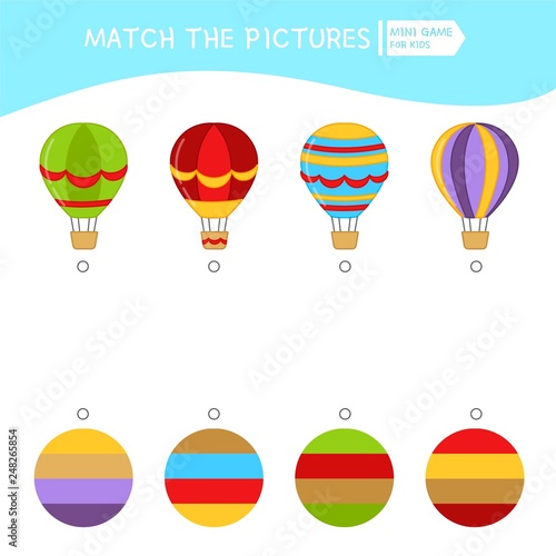 Matching children educational game. Match of balloons and color palettes . Activity for pre sсhool years kids and toddlers.