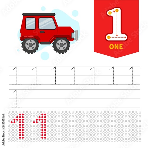 Kids learning material. Card for learning numbers. Number 1. Cartoon cute car.