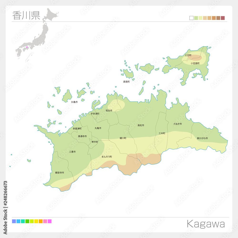 香川県の地図（等高線・色分け・市町村・区分け）