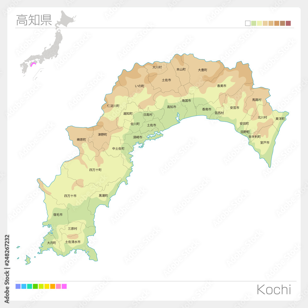 高知県の地図（等高線・色分け・市町村・区分け） vector de Stock Adobe Stock