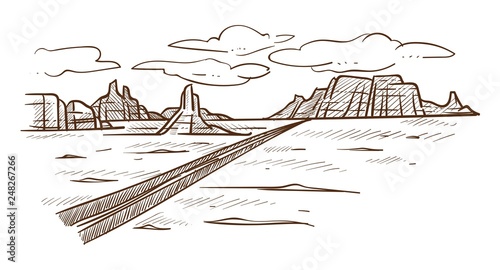 Texas wild desert road and hills landscape sketch