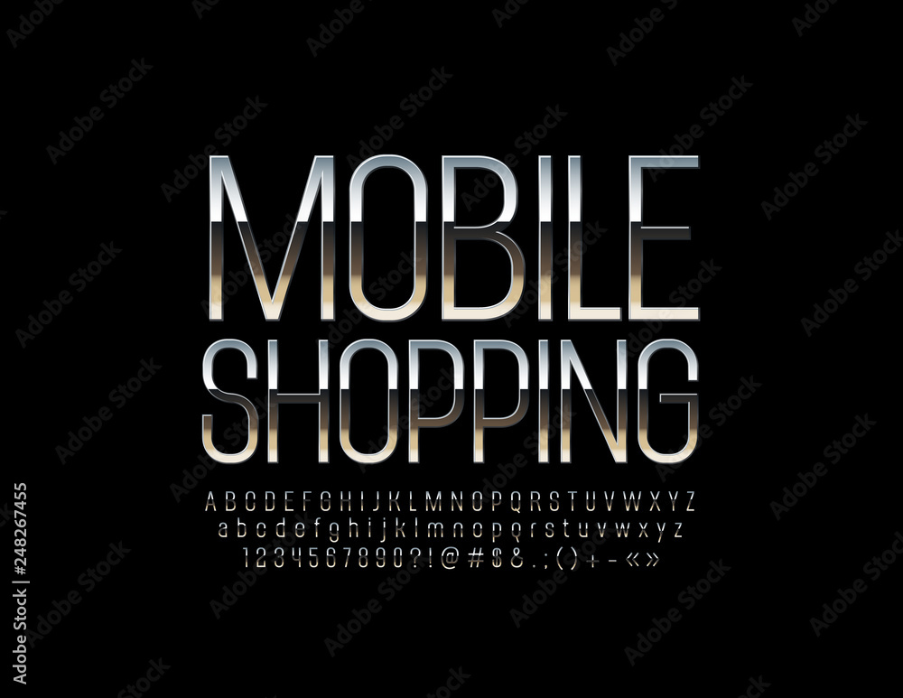Vector sign Mobile Shopping with Silver Font. Metallic glossy Alphabet Letters, Numbers and Symbols.