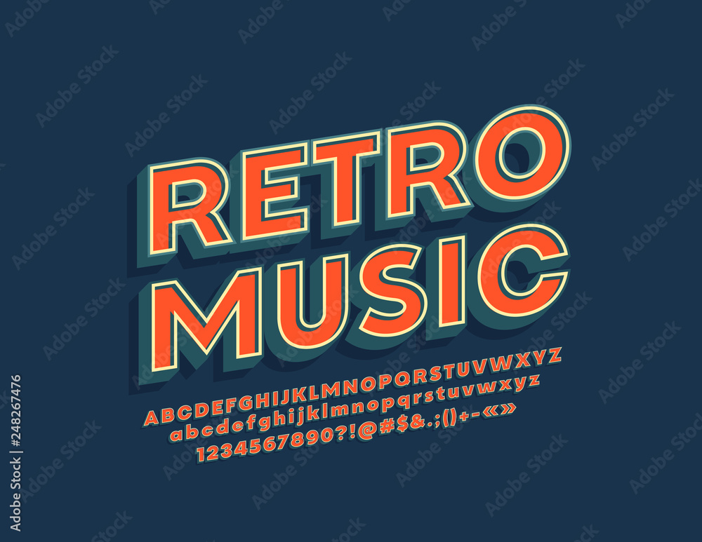 Vector label Retro Music with 3D Font. Vintage style Alphabet Letters, Numbers and Symbols