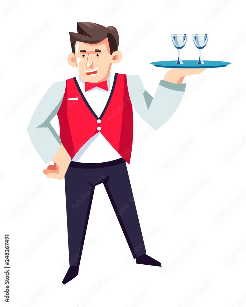 Waiter in hotel restaurant with glasses on tray in uniform Waiter in hotel restaurant with glasses on tray in uniform