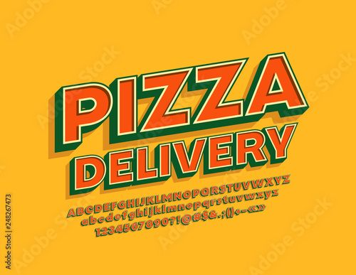 Vector vintage style logotype Pizza Delivery with 3D cool Font. Retro bright Alphabet Letters, Numbers and Symbols.