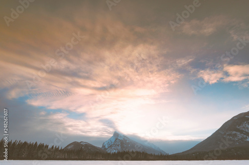 Mt. Rundle and Vermillion Lake in the snow and winter cold scenery Banff National Park   Canada.