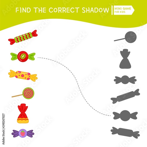 Educational  game for children. Find the right shadow. Kids activity with cute candies.