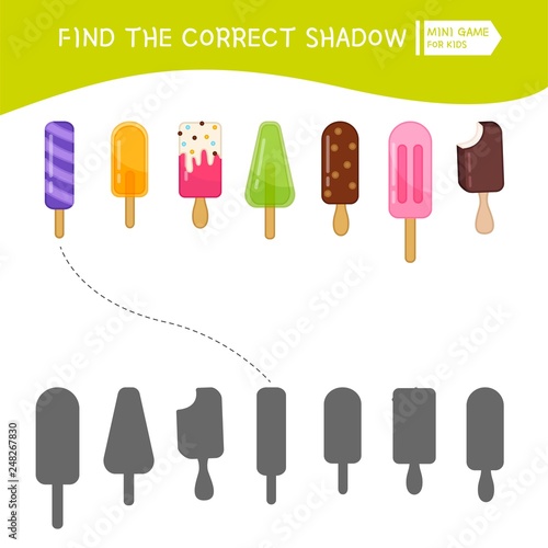 Educational  game for children. Find the right shadow. Kids activity with cute ice-creams.