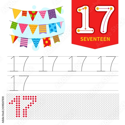 Kids learning material. Card for learning numbers. Number 17. Cartoon  cute flags.