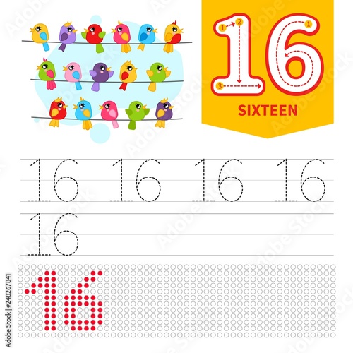 Kids learning material. Card for learning numbers. Number 16. Cartoon  cute birds.