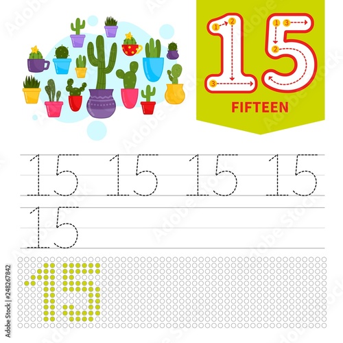 Kids learning material. Card for learning numbers. Number 15. Cartoon  potted cactus.