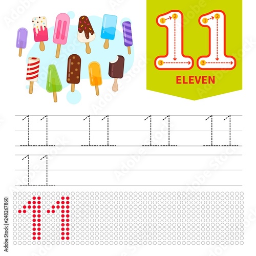 Kids learning material. Card for learning numbers. Number 11. Cartoon cute ice-cream..