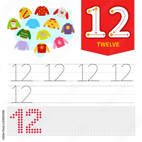 Kids learning material. Card for learning numbers. Number 12. Cartoon  sweaters