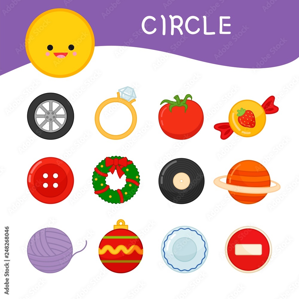Materials for kids learning forms. A set of circle shaped objects Stock