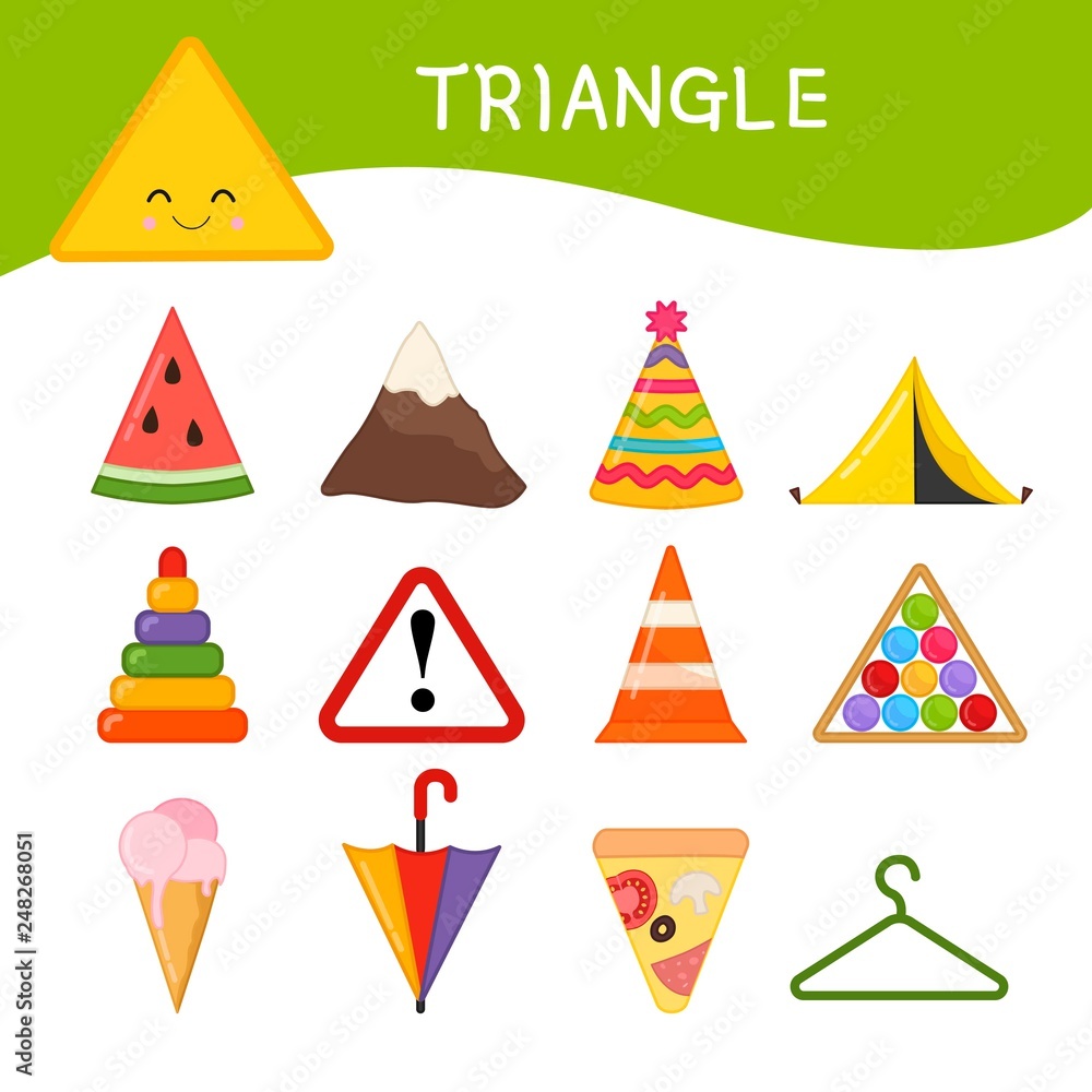 Materials for kids learning forms. A set of triangle shaped objects Stock  Vector