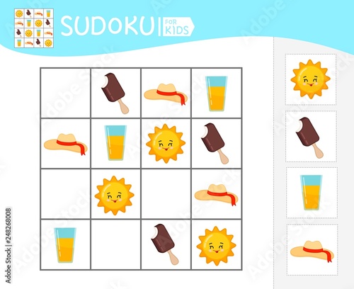 Sudoku game for children with pictures. Kids activity sheet.  Cartoon summer icons.