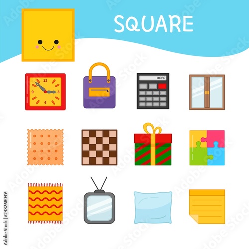  Materials for kids learning forms. A set of square shaped objects 