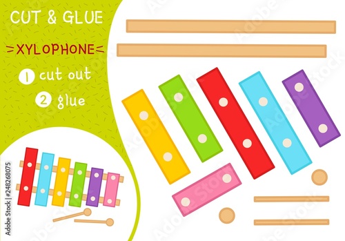Education paper game for preshool children. Vector illustration. Cartoon xylophone.