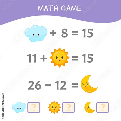 Counting educational children game, math kids activity sheet. Cartoon cute sun, moon and cloud.