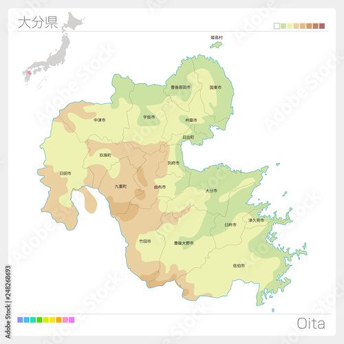 大分県の地図（等高線・色分け・市町村・区分け）