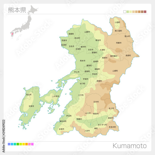 熊本県の地図（等高線・色分け・市町村・区分け）