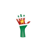 Suriname flag and hand on white background. Vector illustration