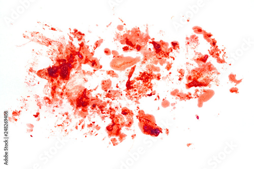 Blood splatter or stain isolated on white background for abstract fun wall decoration, top view - stock image