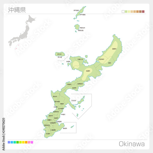 沖縄県の地図（等高線・色分け・市町村・区分け）