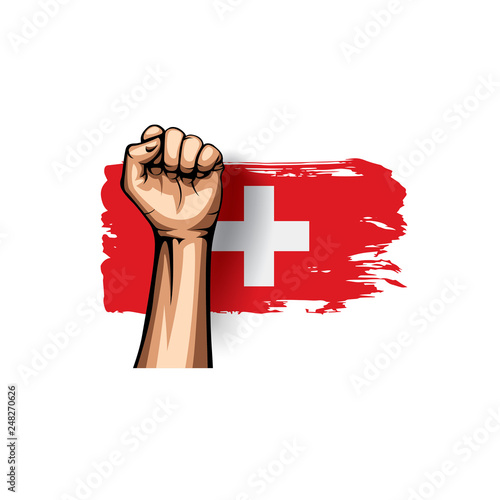 Switzerland flag and hand on white background. Vector illustration