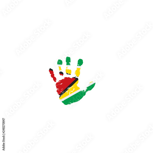 Guyana flag and hand on white background. Vector illustration