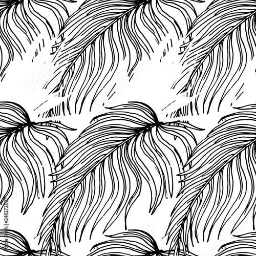 Seamless Background With Palm Leaves And Tropical Flowers. Jungle Pattern For Textile Or Book Covers, Manufacturing, Wallpapers, Print, Gift Wrap And Scrapbooking. Hand Drawn Monochrome Wallpaper.