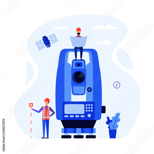 Concept surveyors, geodesists and land engineers using the total station, theodolite, measuring instruments, satellite. Vector flat illustration. 