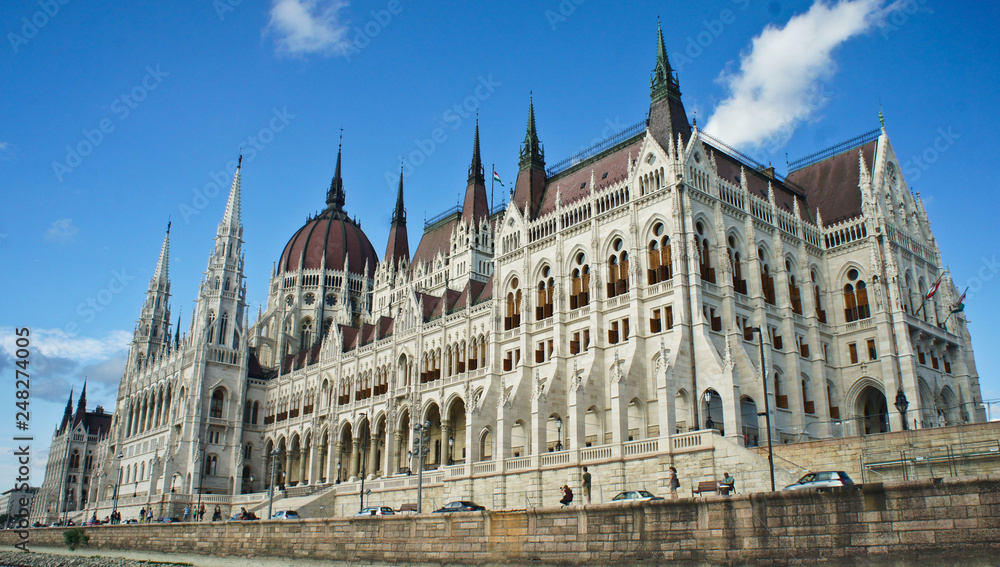 View of the Hungarian Parliament building on the bank of the Danube in Budapest, Hungary