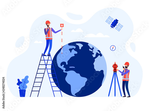 Concept surveyors, geodesists and land engineers using the total station, theodolite, measuring instruments, satellite, globe. Vector flat illustration. 