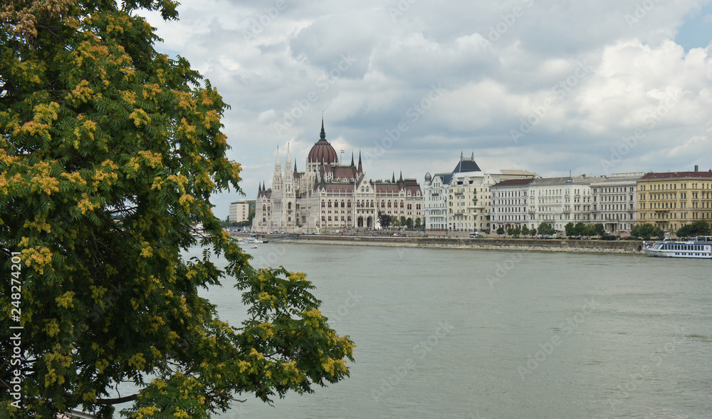 Scenic view of the Hungarian Parliament on the bank of the Danube in Budapest, Hungary