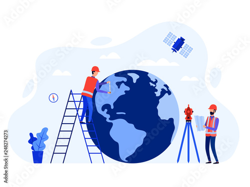 Concept surveyors, geodesists and land engineers using the total station, theodolite, measuring instruments, satellite, globe. Vector flat illustration. 