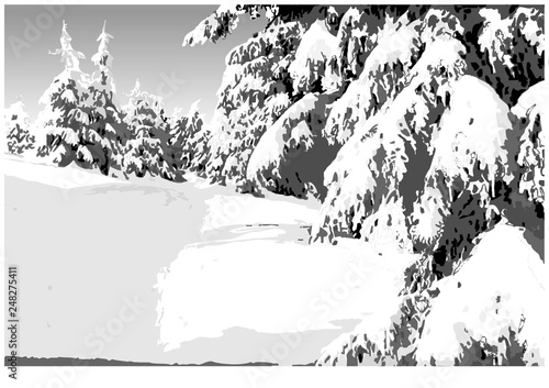 Painted Winter Landscape with Snowy Conifers - Mountain Snowy Illustration, Vector