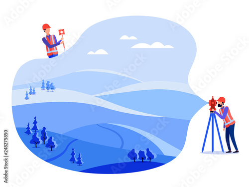Concept land surveyors, cadastral engineers and surveyors conduct geodetic measurements on the land, on the ground, using theodolite and geodetic equipment. Vector flat illustration.