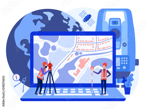 Concept cadastral engineers, surveyors and cartographers produce geodetic survey of the area using theodolite and map on a laptop. Vector flat illustration. 