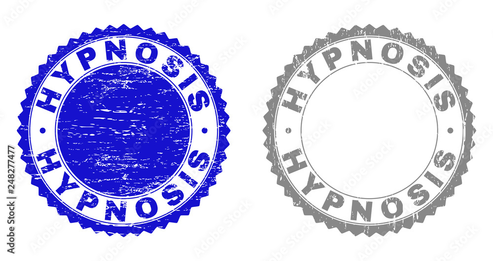 Grunge HYPNOSIS stamp seals isolated on a white background. Rosette seals with grunge texture in blue and grey colors. Vector rubber watermark of HYPNOSIS text inside round rosette. Grunge HYPNOSIS stamp seals isolated on a white background. Rosette seals with grunge texture in blue and grey colors. Vector rubber watermark of HYPNOSIS text inside round rosette.