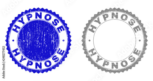 Grunge HYPNOSE stamp seals isolated on a white background. Rosette seals with distress texture in blue and grey colors. Vector rubber watermark of HYPNOSE text inside round rosette.