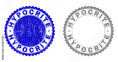 Grunge HYPOCRITE stamp seals isolated on a white background. Rosette seals with grunge texture in blue and gray colors. Vector rubber stamp imprint of HYPOCRITE title inside round rosette.