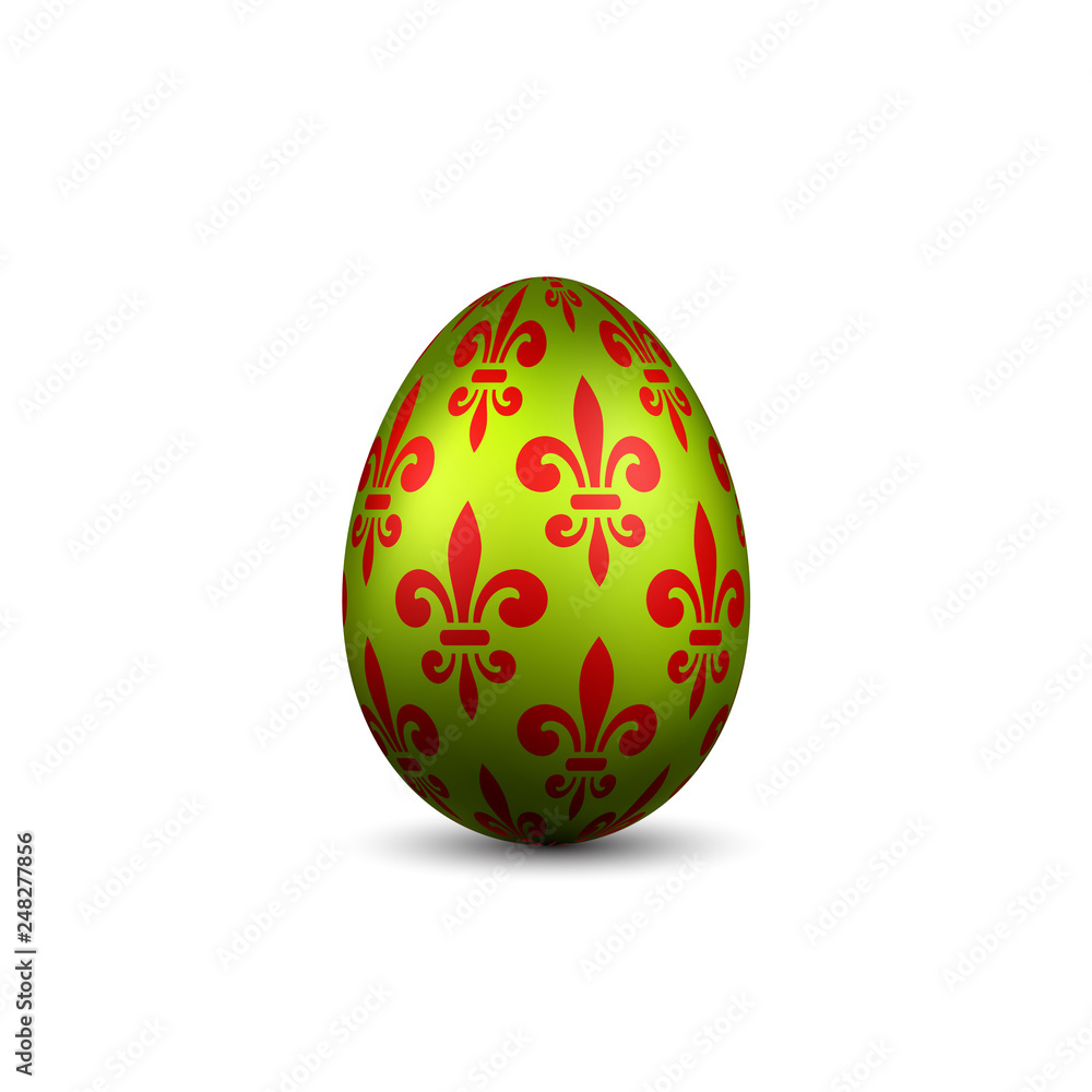 Easter egg 3D icon. Color egg, isolated white background. Flower fleur de lis design, decoration for Happy Easter celebration. Royal lily element. Holiday pattern. Spring symbol. Vector illustration Easter egg 3D icon. Color egg, isolated white background. Flower fleur de lis design, decoration for Happy Easter celebration. Royal lily element. Holiday pattern. Spring symbol. Vector illustration