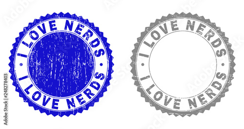 Grunge I LOVE NERDS stamp seals isolated on a white background. Rosette seals with grunge texture in blue and grey colors. Vector rubber stamp imprint of I LOVE NERDS label inside round rosette.