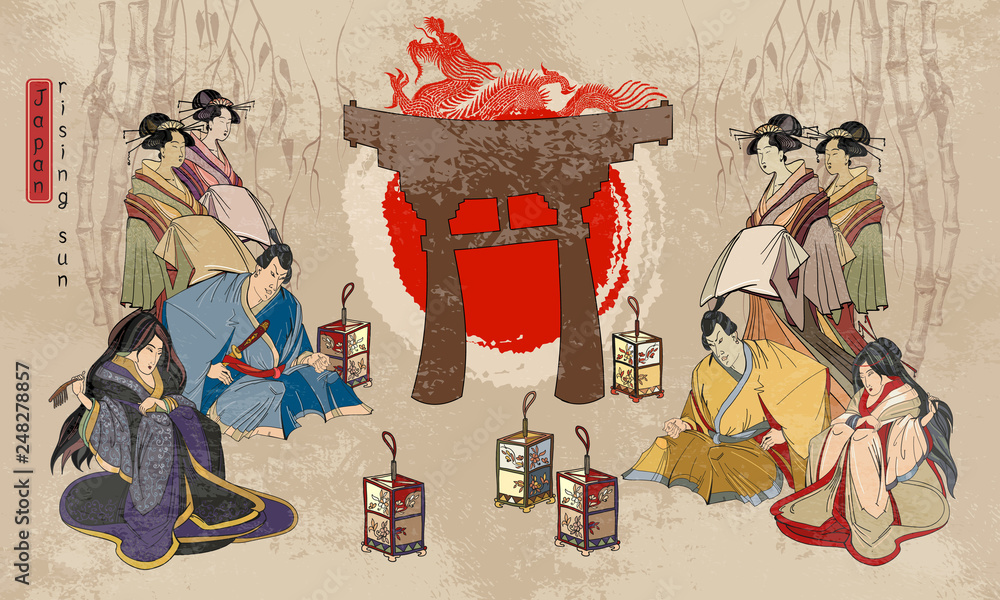 Japanese and Chinese culture concept. Geisha and samurai warrior