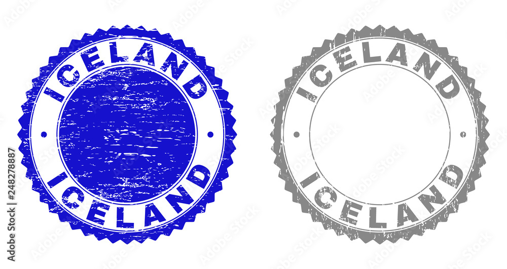 Grunge ICELAND stamp seals isolated on a white background. Rosette seals with grunge texture in blue and grey colors. Vector rubber stamp imitation of ICELAND text inside round rosette.