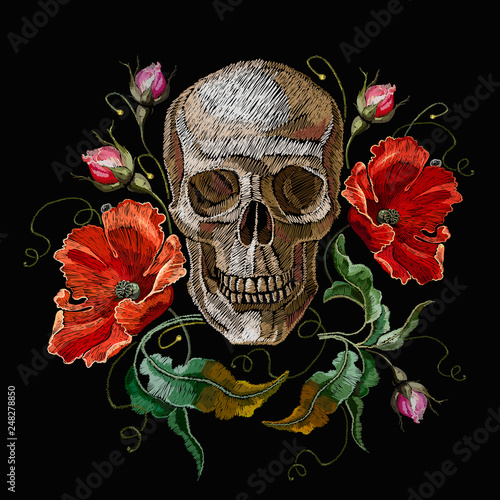 Embroidery human skull and red poppies flowers. Fashion gothic embroidery. Medieval template for clothes, textiles, t-shirt design